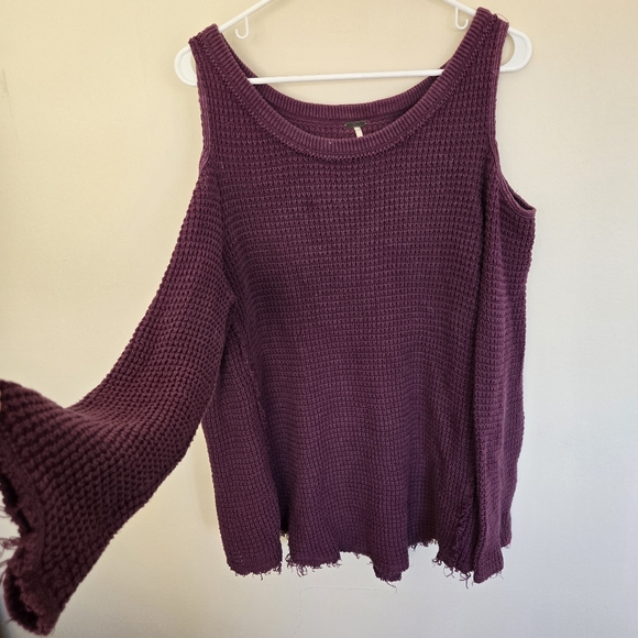 Free People Purple Sunrise Cold Shoulder Waffle Knit Sweater Size Large - Picture 2 of 10
